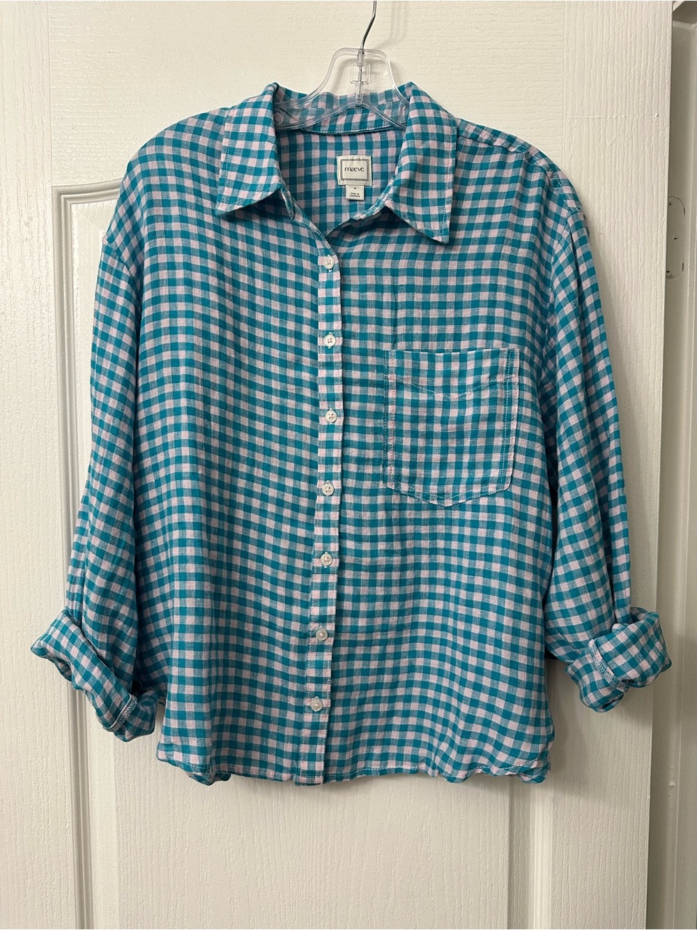 Maeve Linen Teal and White Gingham Button-Down Shirt Women - Picture 6 of 9